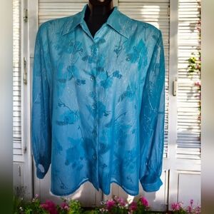 Vintage Turquoise Sheer Fabric Overlay Floral Long Sleeve Ladies Blouse